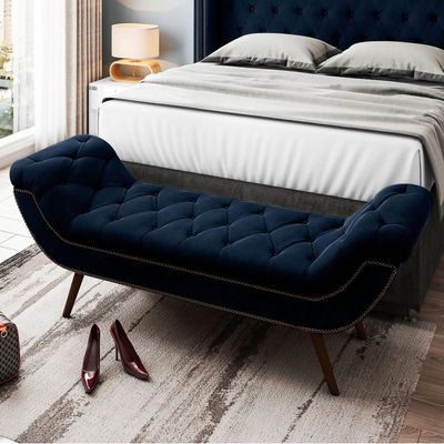 Puff Recamier Calçadeira 160cm Pés Palito Madeira Vêneto P02 Veludo Azul Marinho - Mpozenato