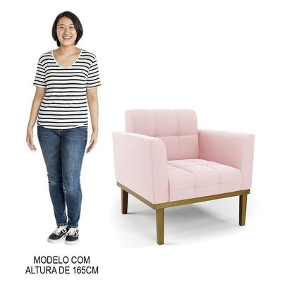 Sofá Namoradeira E 1 Poltrona Base Madeira Castanho Ana Suede Rosa Bebê - Ibiza