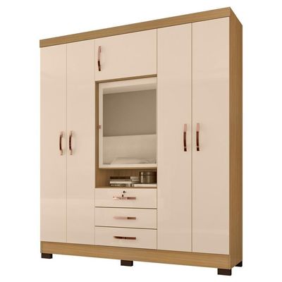 Guarda Roupa 6 Portas 3 Gavetas Espelho 180 Cm 6542 Carvalho Am Off White