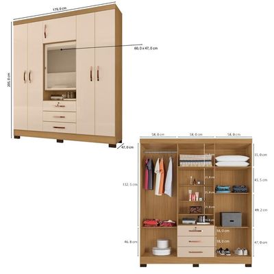 Guarda Roupa 6 Portas 3 Gavetas Espelho 180 Cm 6542 Carvalho Am Off White