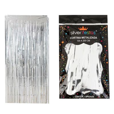 Cortina de Franja Silver Festas Prata Metalizada 100x200cm