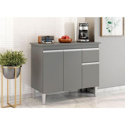 Balcão De Cozinha Tatiane 100cm 3 Portas 1 Gaveta Com Tampo Cinza