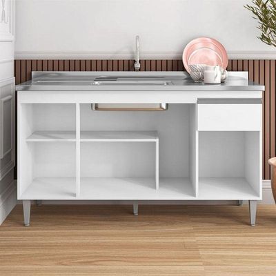 Balcão De Cozinha 150cm Tatiane 4 Portas 1 Gaveta Com Tampo Branco