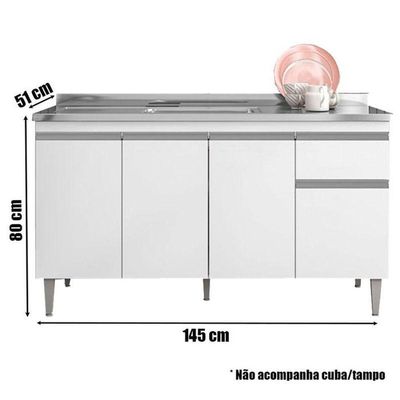 Balcão De Cozinha 150cm Tatiane 4 Portas 1 Gaveta Com Tampo Branco