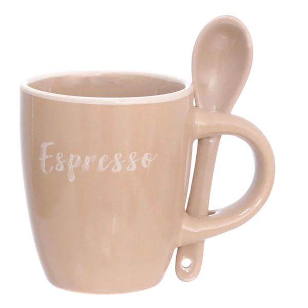 Caneca Ceramica 100ml Com Colher Rustic Bege