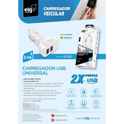 Carregador de Celular Veicular Universal ELG CC2S com 2 Saídas USB Branco