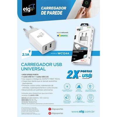 Carregador de Parede ELG WC124A Universal 2 USB Branco