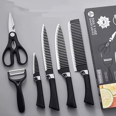 Conjunto 6 Peças Facas Profissionais Com Tesoura E Cutelo Para Cozinha E Churrasco