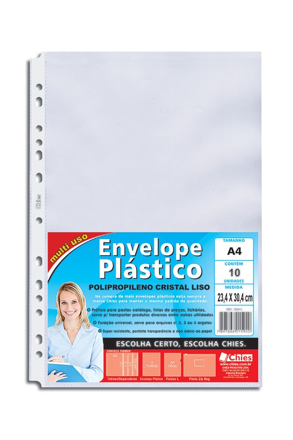 Envelope Plástico Chies A4 Refil Furação Universal com 10 Folhas