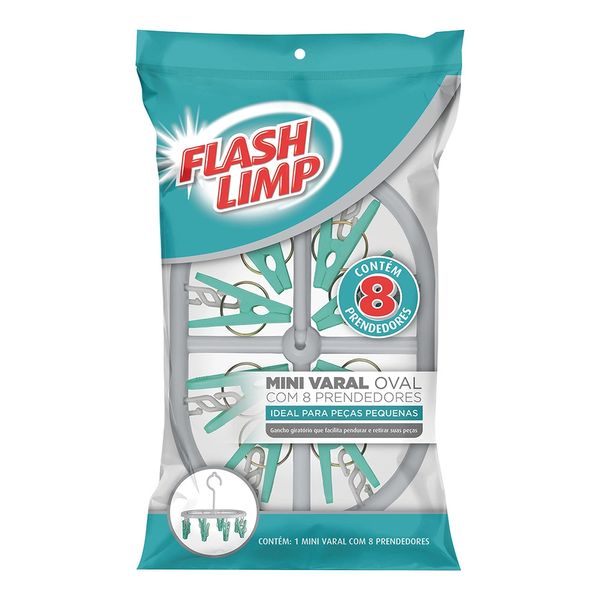 Mini Varal Flashlimp em Plástico com 8 Pregadores Cinza 14x22x20cm