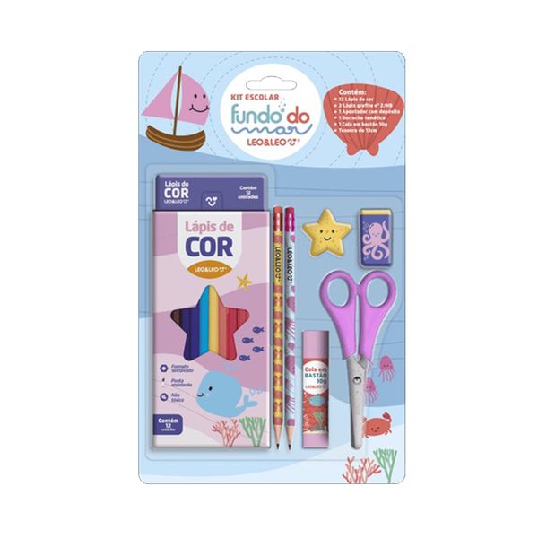 Kit Escolar Leo&Leo Fundo do Mar 12 Lápis de Cores, Borracha, Apontador, Cola, Régua e Tesoura Kit Escolar Leo&Leo Fundo do Mar 12 Lápis de Cores, Borracha, Apontador, Cola, Régua e Tesoura