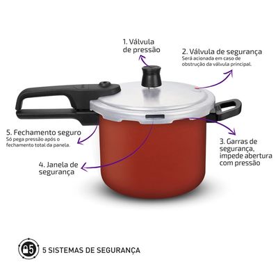 Panela de Pressão Pratic Antiaderente Fechamento Externo Vermelha 4,5L Rochedo