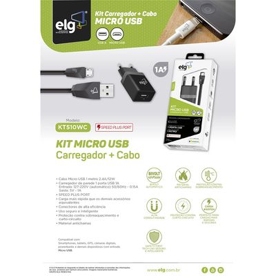 Kit Carregador de Parede ELG KT510WC Universal USB + Micro USB Preto 1m