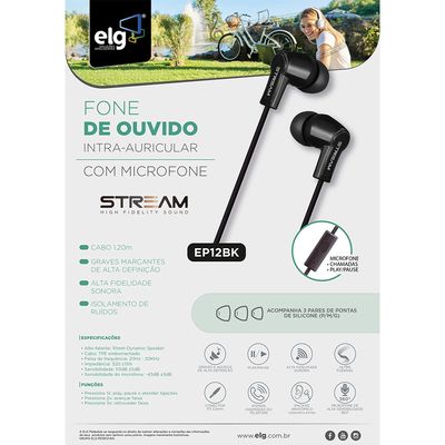 Fone de Ouvido Intra-auricular ELG EP12BK Preto com Cabo 1,2m