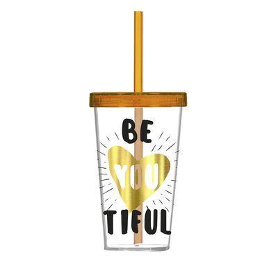 Copo com Canudo Le Beautiful em Plástico Laranja 660ml