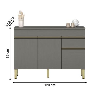 Balcão De Cozinha Com Tampo E 3 Portas Salisburia Gris
