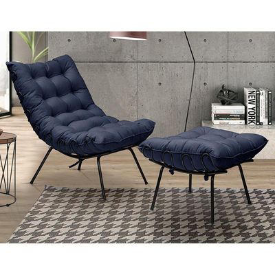 Kit 2 Puff Decorativo Sala de Estar Abel Pés Preto Veludo Azul - Gran Belo