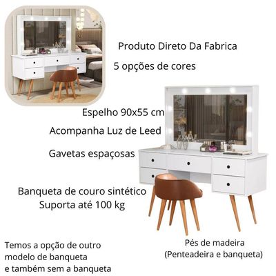 Penteadeira Camarim Com Espelho Led 5 Gavetas Banqueta Inclusa Courino Pé Madeira Branco