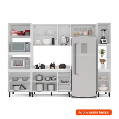 Cozinha Completa com Tampo e Paneleiro Amara 10 Portas 4 Gavetas Branca