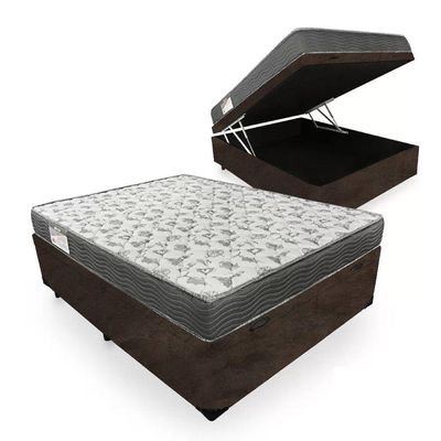 Cama Box Baú Casal Suede + Colchão De Molas Ensacadas Sereneprime 138x188x62cm Marrom