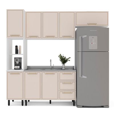 Cozinha Compacta Sem Tampo Amara 8 Portas 3 Gavetas Creme e Branca
