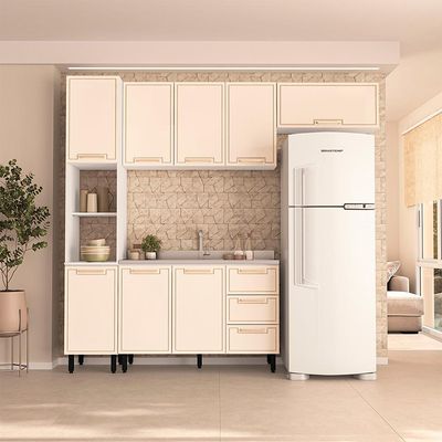 Cozinha Compacta Sem Tampo Amara 8 Portas 3 Gavetas Creme e Branca