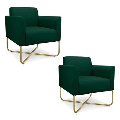 Kit 2 Poltronas Decorativas Base Industrial X Dourada Maressa S23 Suede Verde - Ibiza