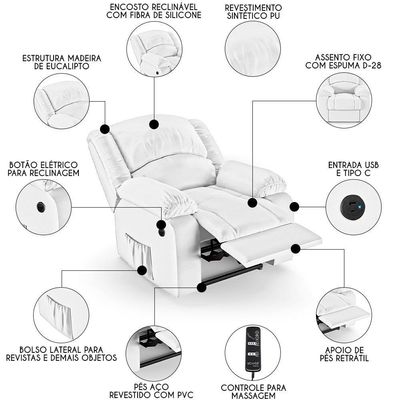 Poltrona Do Papai Reclinável Pietra Power Elétrica Massagem Fh9 Pu Branco - Mpozenato