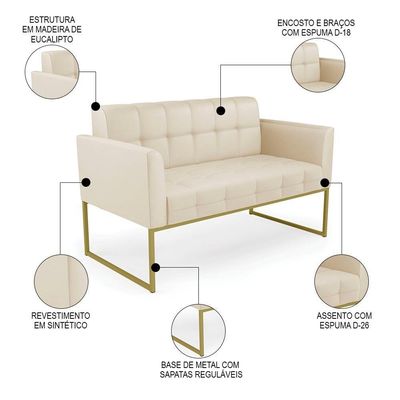 Sofá Namoradeira E 1 Poltrona Base Industrial Dourado Ana Sintético Bege - Ibiza