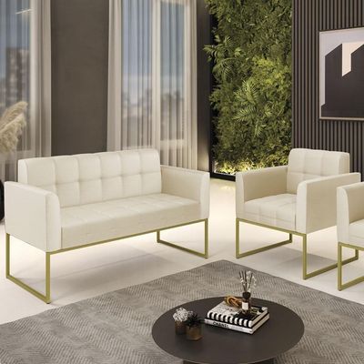 Sofá Namoradeira E 1 Poltrona Base Industrial Dourado Ana Sintético Bege - Ibiza