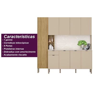 Armario De Cozinha Compacta 9 Portas 1 Gaveta Pulse Freijó-vanilla-riscatto