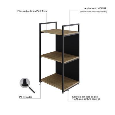 Estante C/03 Prateleiras 84x45x33cm C/fundo Yon Vermont Oak/est.preta Vermont Oak/est.preta