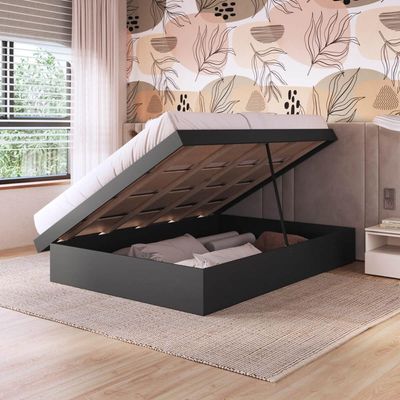 Cama de Casal Queen com Box Baú Grafite MDP Bogotá Organizador Travesseiros Cobertores