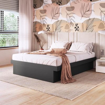 Cama de Casal Queen com Box Baú Grafite MDP Bogotá Organizador Travesseiros Cobertores