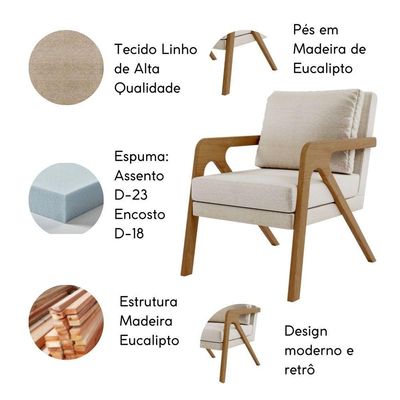 Kit Poltrona E Puff Decorativo Escritório Sala Recepção Maia Linho Bege