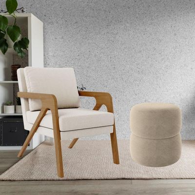 Kit Poltrona E Puff Decorativo Escritório Sala Recepção Maia Linho Bege