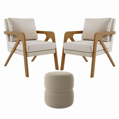 Kit 2 Poltrona Decorativa Puff Sala Moderno Escritório Maia Linho Bege