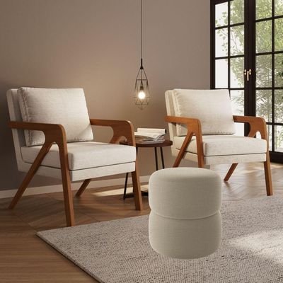 Kit 2 Poltrona Decorativa Puff Sala Moderno Escritório Maia Linho Bege