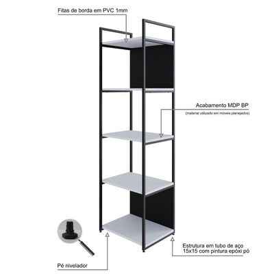 Estante C/05 Prateleiras 152x45x33cm C/fundo Yon Branco Tx/est.preta Branco Tx/est.preta