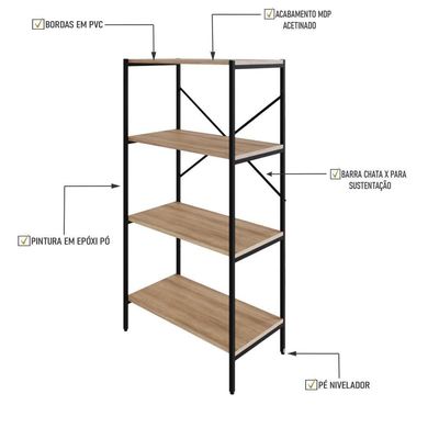 Estante C/04 Prateleiras 118x60x33cm Tub Tueh1164 Lâmina Mel - Est.preta Lâmina Mel / Est.preta