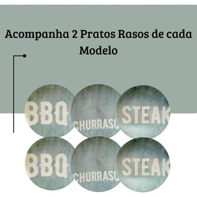 Kit 6 Pratos Rasos Tramontina Churrasco Stone Porcelana 28cm Temático BBQ Steak