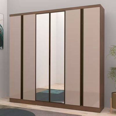 Guarda Roupa Casal Bartira Monte Rei 6 Portas 6 Gavetas com Espelho 238 cm Largura Avelã/Cappuccino