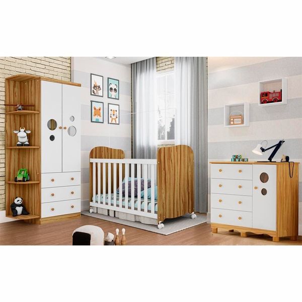 Guarda-Roupa Infantil Peroba Duda Plus, 86 cm de Largura + Cômoda com 1 Porta, 4 Gavetas, 1 Prateleira, 95,3 cm de Largura + Berço Americano Branco/Bege