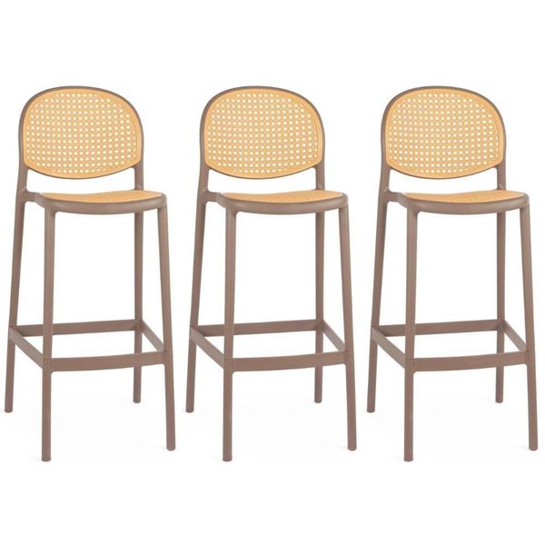 Kit 3 Banqueta Alta Com Encosto Roma Em Polipropileno Cozinha/bancada - Marrom Claro