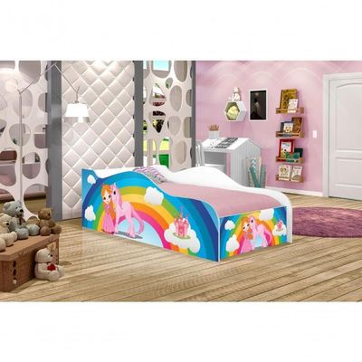 Cama Carro Fun Adesivada Princesa Unicórnio Arco íris Solteiro