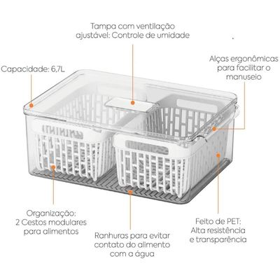 Kit 2 Organizadores Caixas de Geladeira 6,7L Coza Dry Frutas 4 Cestos Escorredores