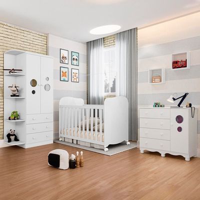 Guarda-Roupa Infantil Peroba Duda Plus, 86 cm de Largura + Cômoda 1 Porta, 4 Gavetas, 1 Prateleira, 95,3 cm de Largura + Berço Americano Branco