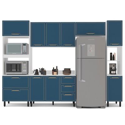Cozinha Completa com Tampo e Paneleiro Amara 10 Portas 4 Gavetas Azul e Branca