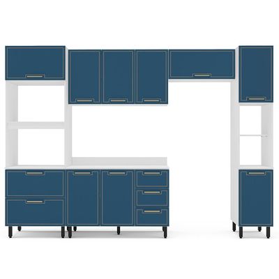 Cozinha Completa com Tampo e Paneleiro Amara 10 Portas 4 Gavetas Azul e Branca