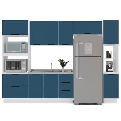 Cozinha Compacta sem Tampo com Rodapé e Paneleiro Meena 10 Portas 4 Gavetas Azul e Branca